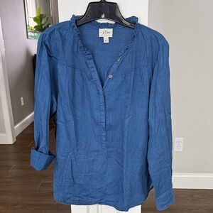 J. Crew indigo blue long sleeve v neck ruffles pleats 8